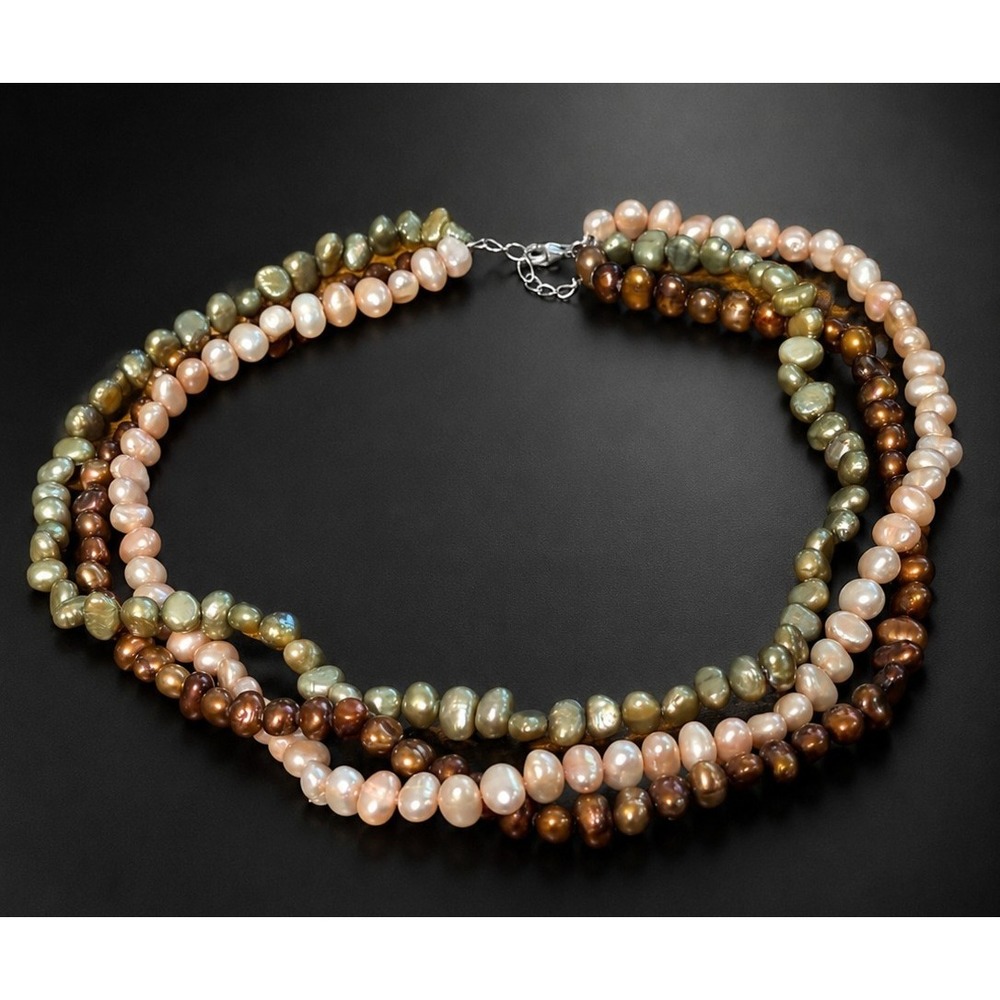 Vintage Multicolor Pearl Necklace Multi Strand Twisted Sterling Silver 18" TN24
